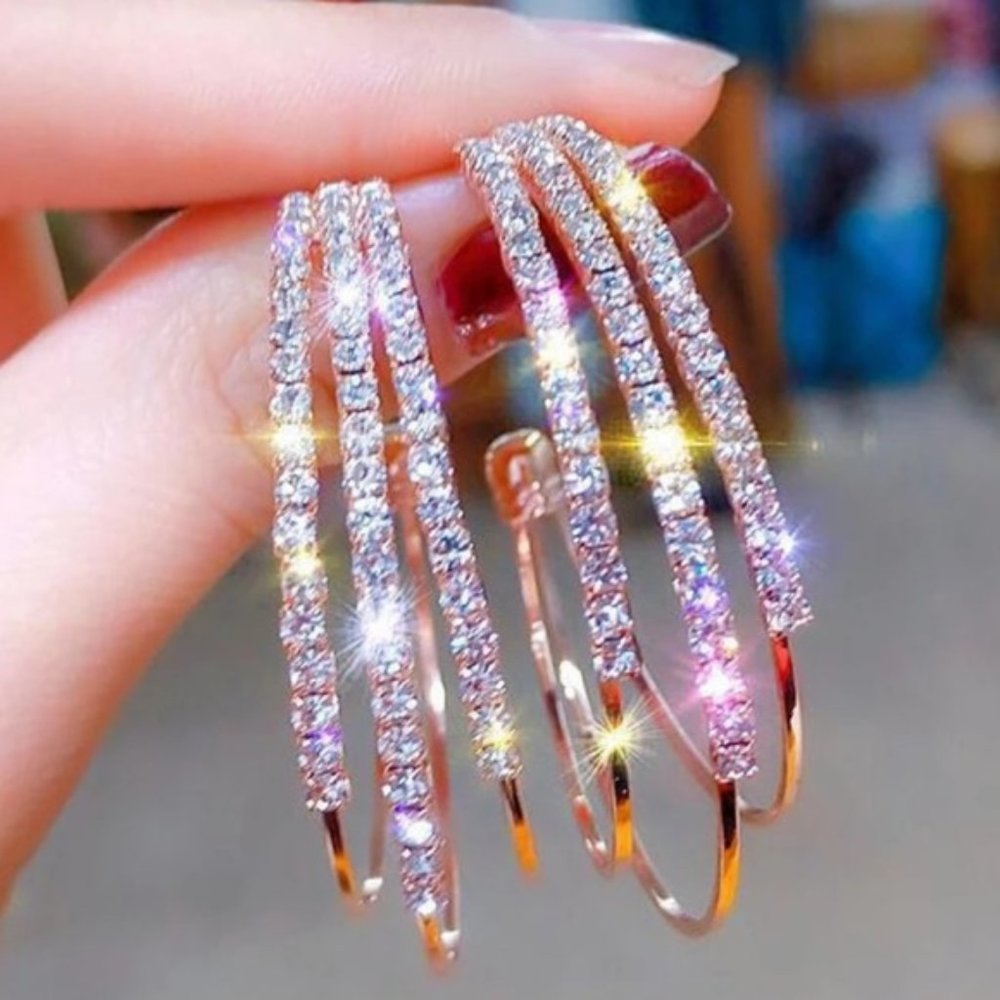 Luxury Rhinestone Hoop Earrings Big Shiny Circle Gold Statement S925